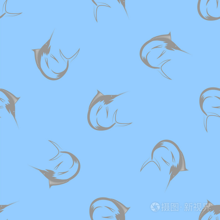 一组在蓝色背景上分离的鱼。 马林无缝图案