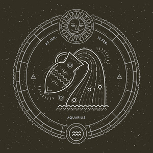 水瓶标签老式的细线水瓶座生肖标志标签.