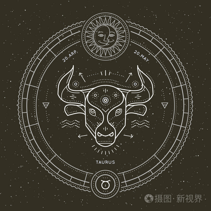 复古矢量占星符号, 神秘, 神圣的几何元素, 会徽, 标志.描边轮廓图