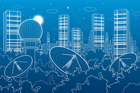 雷达在树林里, 通信技术, 气象站, 夜晚的天际线, 霓虹城市,城市的