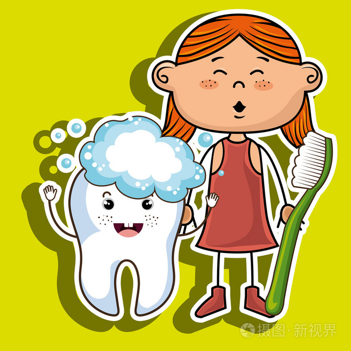 快乐的女孩一把牙刷,以微笑的牙插画-正版商用图片1p09cg-摄图新视界