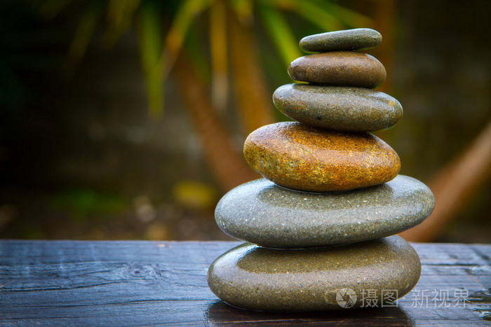 堆栈的圆圆滑的湿的鹅卵石平衡在丝兰