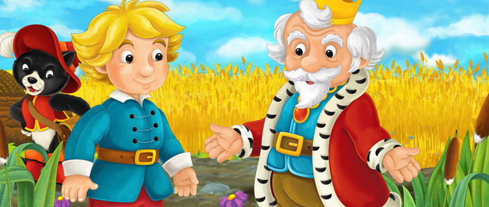 动漫高贵背景图卡通场景与王室-王子和国王-在与高贵猫-儿童插画的