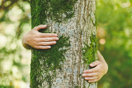 女人抱抱树照片