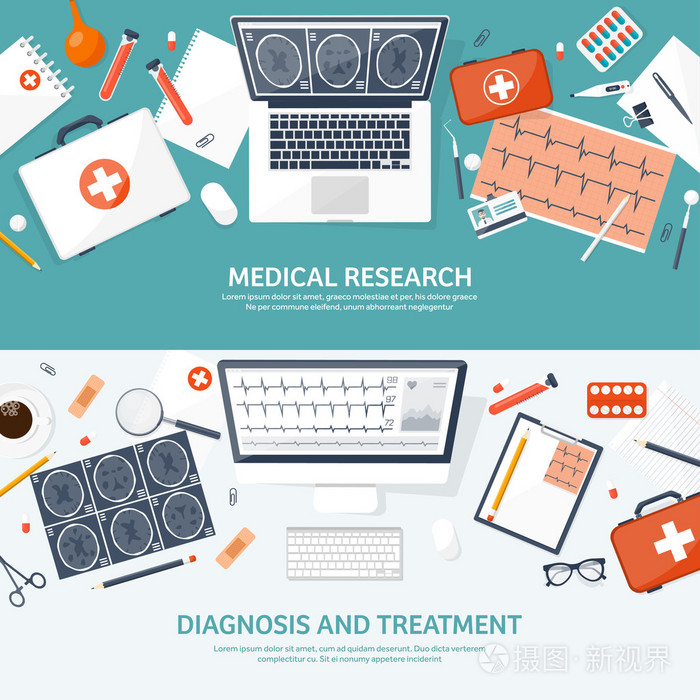 医疗平坦的背景。卫生保健 急救 研究 心脏病。医学研究。化学工程制药