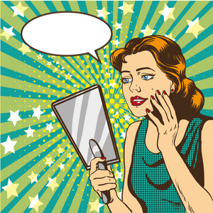 漫画卡通镜子女人在复古漫画中看镜子矢量插图照片