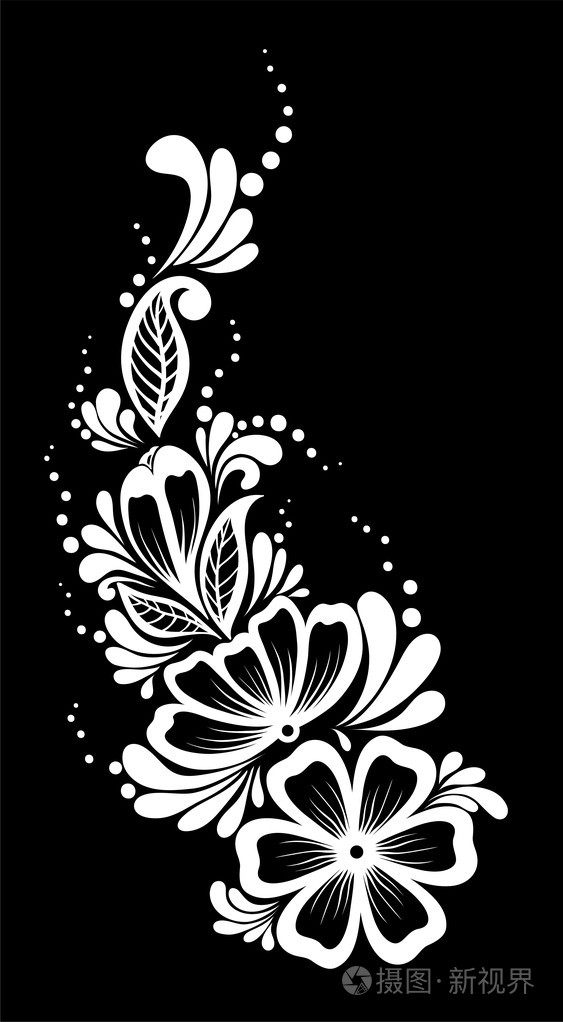 美丽的单色黑色和白色花朵和叶子孤立