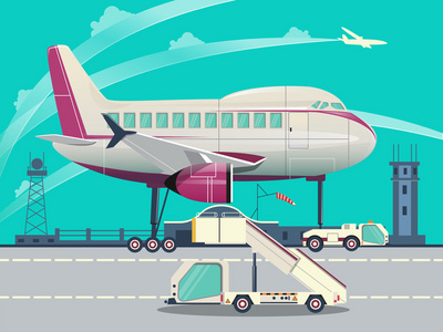 机场和飞机平面矢量图平面设计概念的详细机场与飞机建立矢量卡通白色