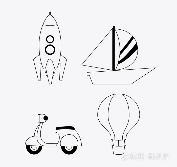 火箭摩托车帆船热空气气球图标。矢量图形