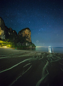 场景 海滩 肖尔 风景 美丽的 泻湖 海滨 海洋 海湾 月光