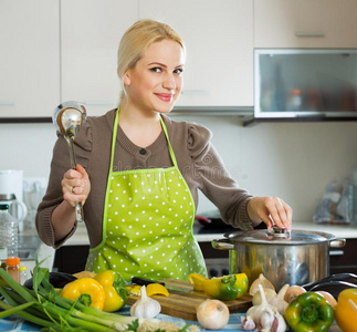 用平底锅烹饪的家庭主妇图片