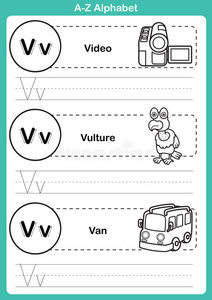 字母表az练习与卡通词汇的着色书