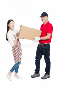 服务 货运 航运 职业 邮递员 微笑 男人 中国人 纸板