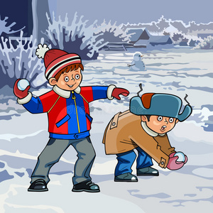 卡通两个男孩在冬天玩雪球