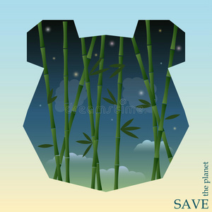 概念插图的主题是保护自然和动物与竹子在夜空中的熊猫轮廓