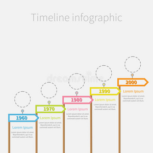 木棒时间线上的箭头标志，带有破折号线圆和文本。 模板。 平面设计。