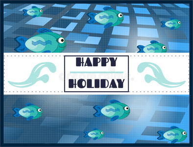 卡片上有许多蓝色的鱼，图案和文字快乐
