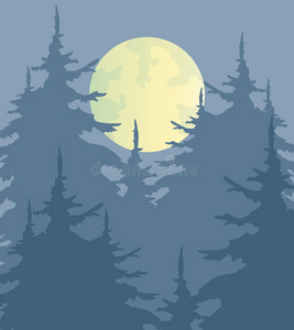 木材 绘画 形象 插图 夏天 素描 月亮 贴纸 森林 云杉