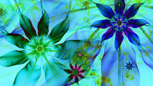 美丽的黑暗,生动的发光现代花卉背景,绿色,粉红色,紫色,青色照片