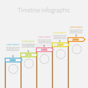 箭头标记在带有虚线圆圈和文本的时间线信息图形上。模板。平面设计。