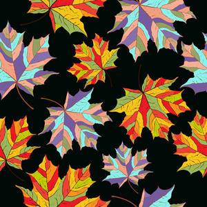 多彩色的枫叶在一个黑色的壁纸, 面料, 装饰材料的设计照片