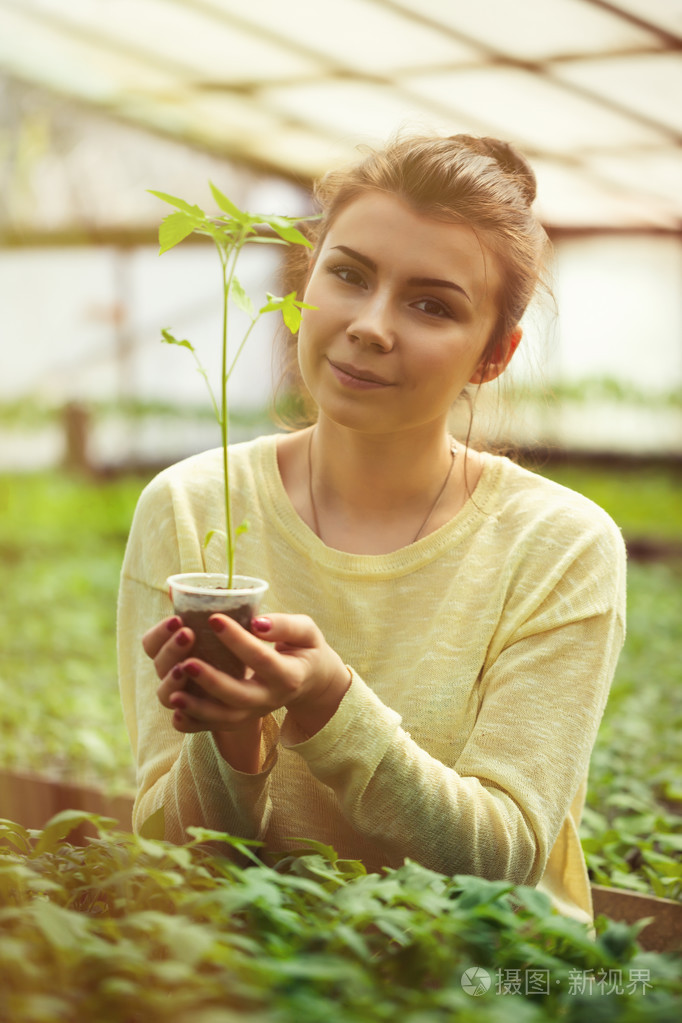 抱着绿苗的女孩在阳光明媚的温室里