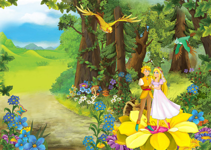公主与王子在森林里的卡通场景图片