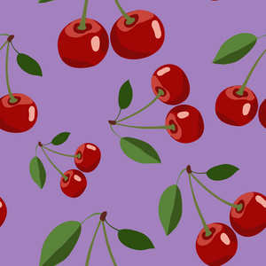 红樱桃的模式模式与红樱桃叶上紫色背景照片