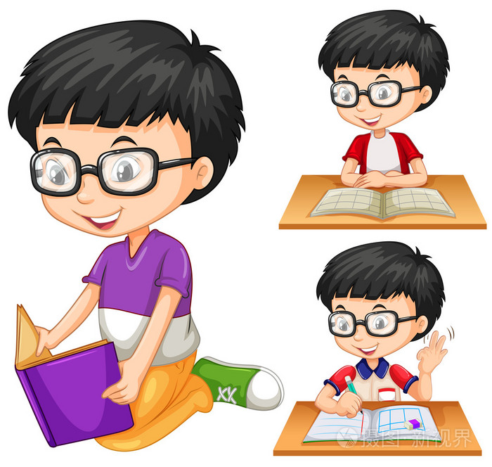 戴着眼镜看书的男孩