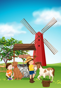 孩子和动物在农家院里图片