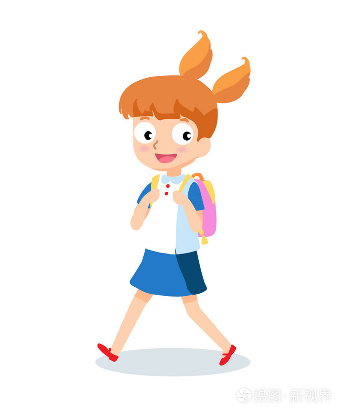 学校女孩去上学与孤立的白色背景上的背包卡通人物