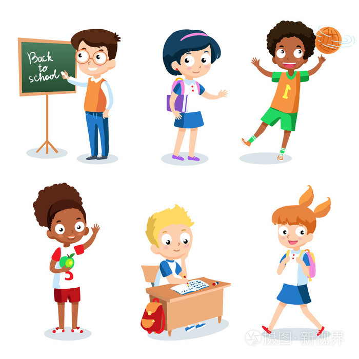苗年是学校孩子们的一套.孤立在白色背景上的学生卡通人物矢量
