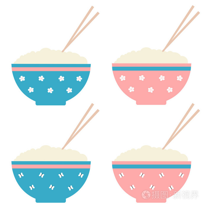 可爱的卡通饭碗设置矢量图