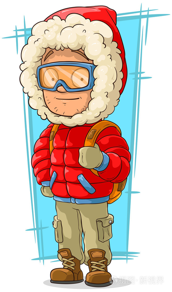 卡通年轻游客在红色尼龙夹克