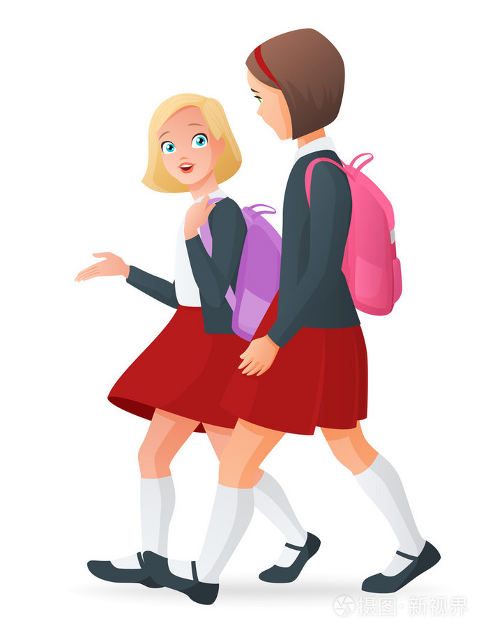 两个女孩在上学路上的制服.矢量图