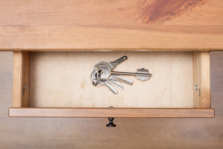 抽屉门门上串钥匙环在打开抽屉照片