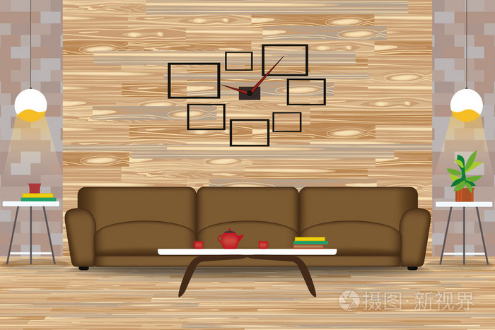 端表,枝形吊灯,时钟.卡通客厅,木地板.海拔和家具