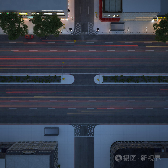 城市的街道在晚上。顶视图。3d 渲染