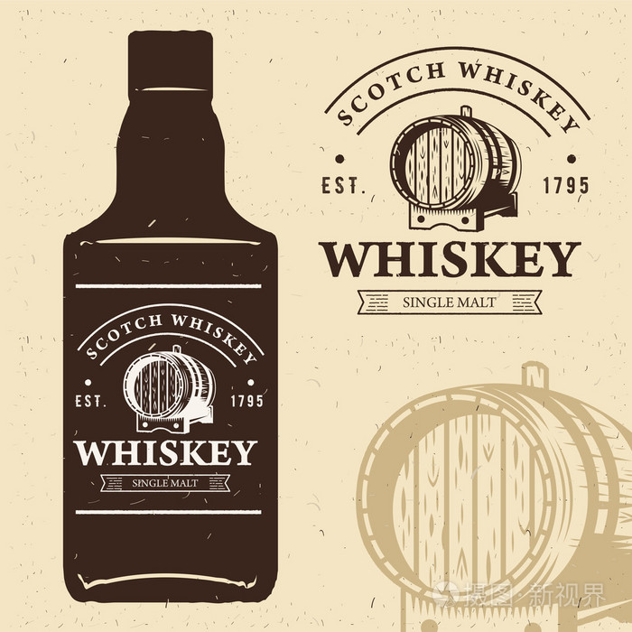 排版与瓶剪影的单色复古标签。苏格兰威士忌标志。橡木威士忌酒桶插图。复古风格设计