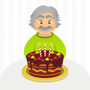 老人庆祝生日.巧克力蛋糕和蜡烛独自一人坐在白色的老人.