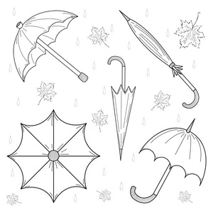 手绘秋季遮阳伞, 叶子和滴一套照片