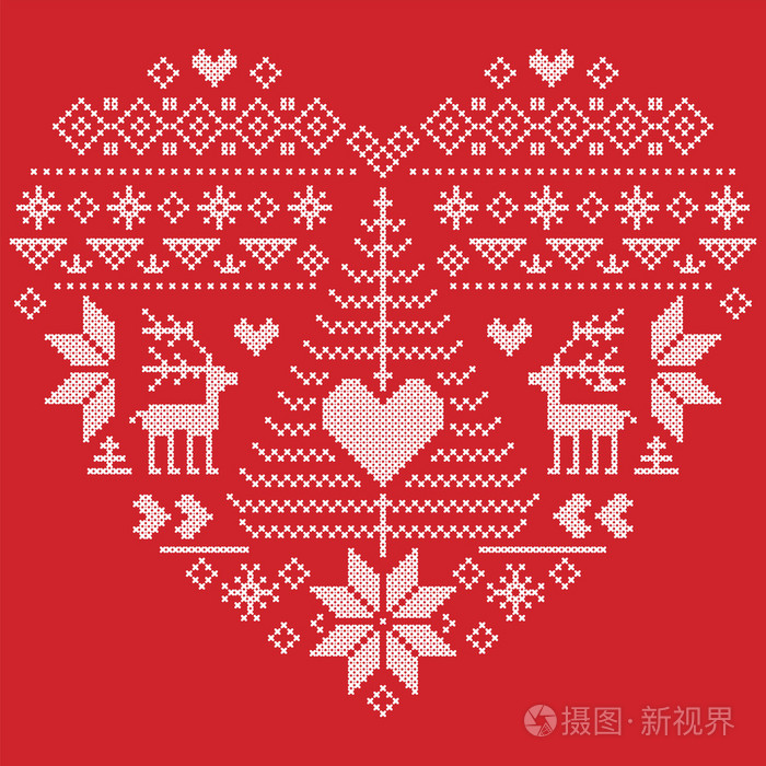 印织物风格和灵感挪威圣诞和喜庆的冬季无缝模式在十字绣圣诞树, 雪花