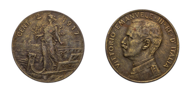 两个 2 美分里拉铜硬币 1917 prora 维托里奥 · 埃 iii 的意大利王国