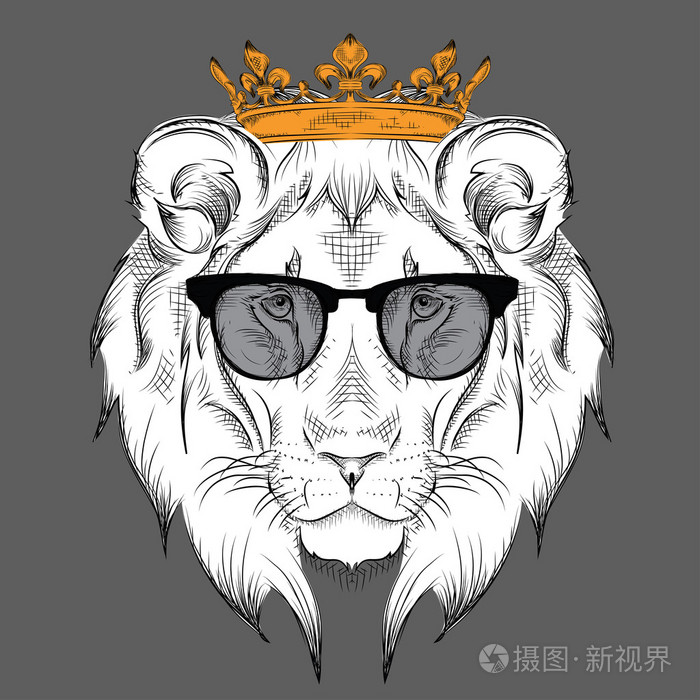 民族手绘头戴王冠的狮子和眼镜.它可以用于打印, 海报, t 恤等.矢量图