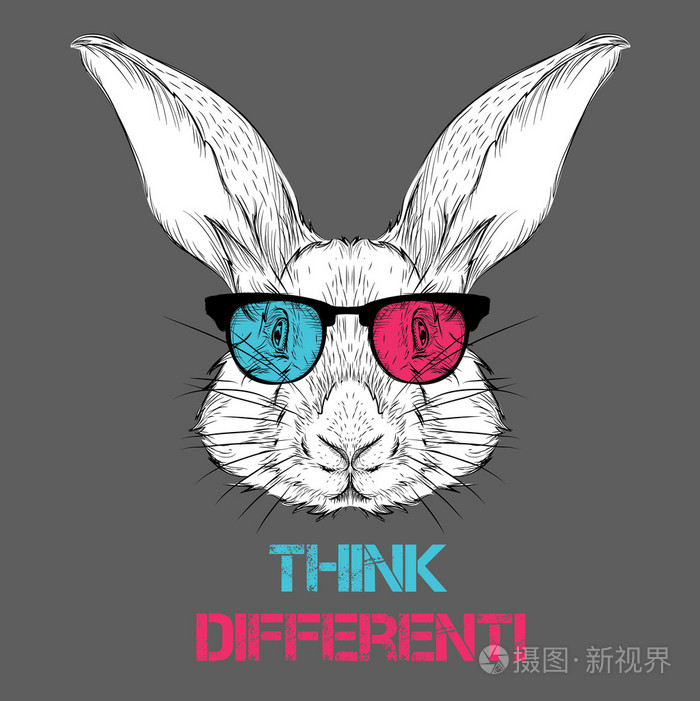 在彩色眼镜的兔子的肖像。认为不同。矢量插图