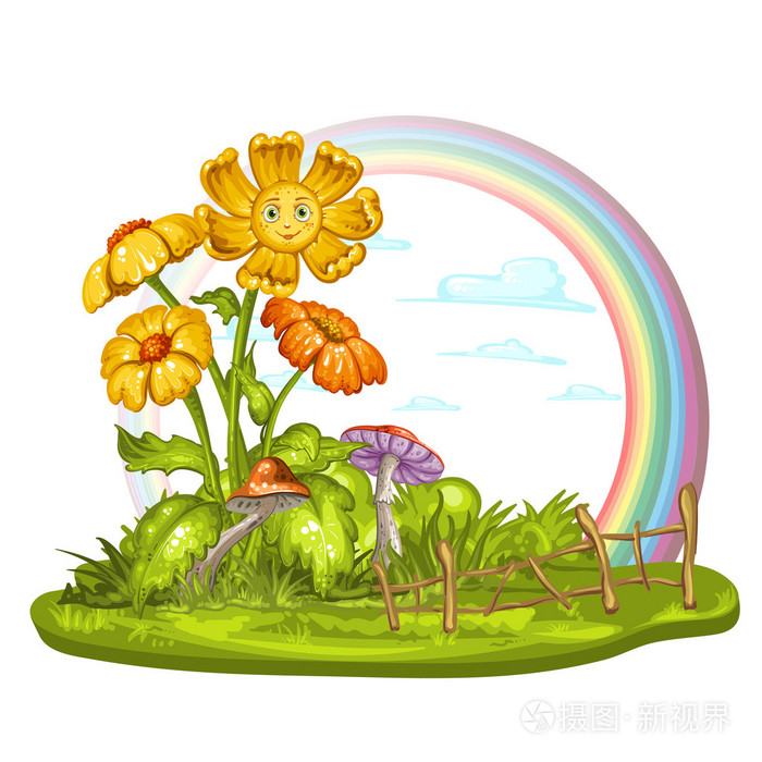 卡通花在绿色的林间空地上