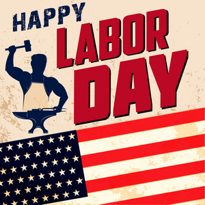 五一购物快乐的五一劳动节卡模板.美国垃圾背景上的标志照片