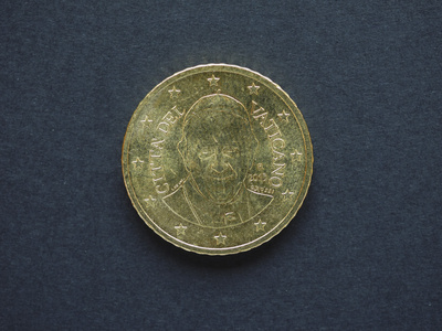 欧元(欧元)欧洲联盟(欧盟)硬币货币50美分,来自梵蒂冈,上面有教皇