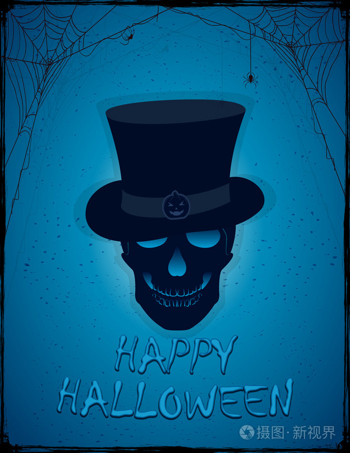 戴着帽子的骷髅的蓝色万圣节背景