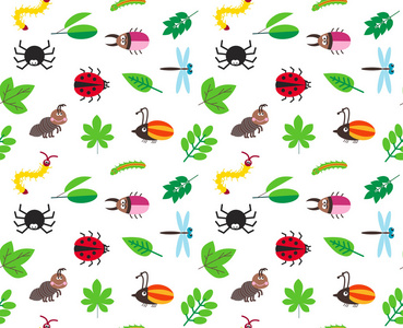 可爱的卡通昆虫和树叶矢量背景图片